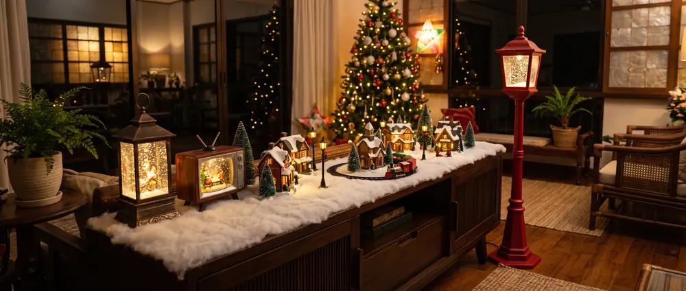 AI sample render of a cozy sala at night with a glowing Christmas village and toy train on a console, a glitter snow lantern, a TV-shaped snow globe and a red lamp post