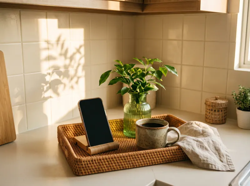 AI sample render of a sunlit condo kitchen counter with a rattan tray holding a phone on a stand, a cup of coffee and a small plant
