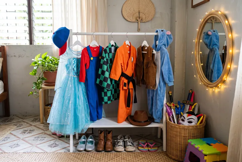 AI sample render of a clothes rack of generic kids' character-style costumes: a sparkly blue gown, an overall jumpsuit with cap, a kimono-style jacket and an orange martial-arts gi