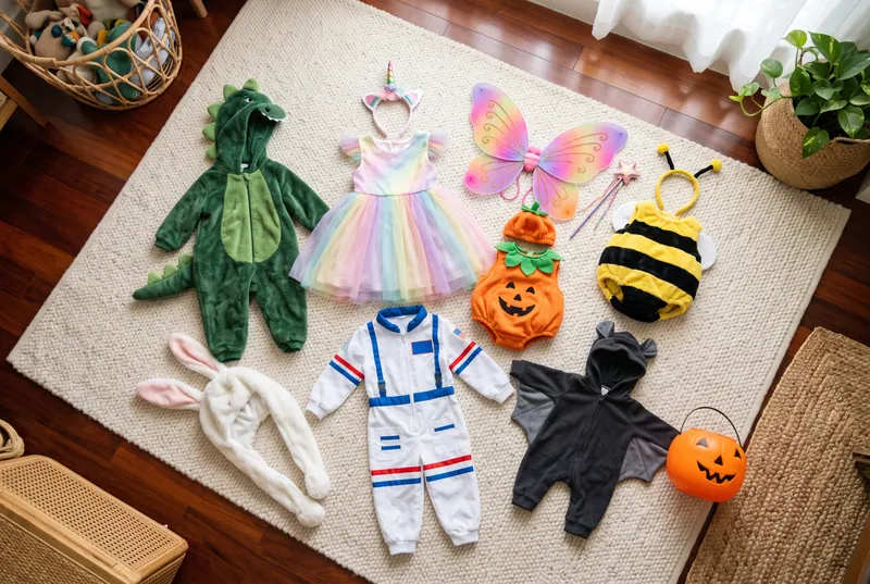 AI sample render of cute kids' costumes on a cream rug: a plush dinosaur suit, a unicorn dress, fairy wings, a pumpkin romper, a bee suit and a pumpkin bucket