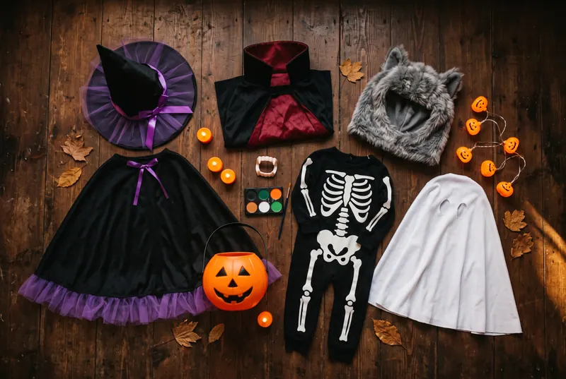 AI sample render of a kid-friendly spooky flat-lay: a witch cape and hat, a red-lined vampire cape, a skeleton jumpsuit, a wolf-ears hood, a ghost cape and glowing mini pumpkins