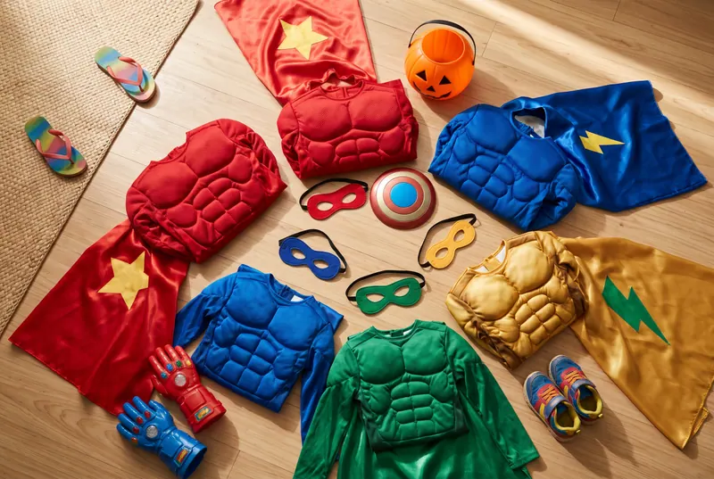 AI sample render of a flat-lay of generic kids' superhero dress-up: padded muscle suits, satin capes, eye masks, a toy shield and a pumpkin bucket