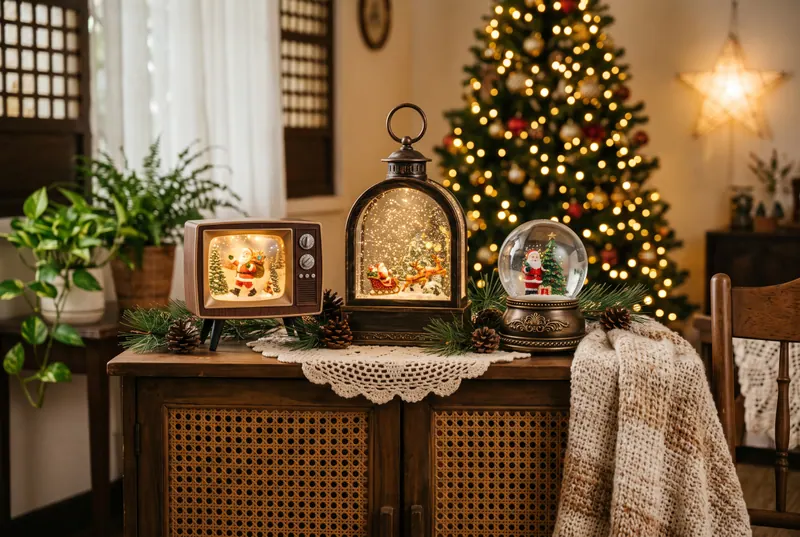 AI sample render of a retro TV-shaped snow globe, an arched glitter snow lantern and a Santa snow globe on a rattan cabinet beside a lit tree