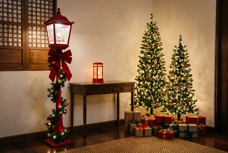 AI sample render of a tall red Christmas lamp post with a glowing snowy lantern head and a garland, beside a small telephone-booth lantern, slim lit trees and gifts
