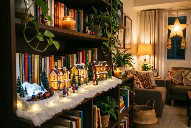 AI sample render of a bookshelf styled with a glowing Christmas village of snowy houses, little figurines, a small snow scene with a train and bottle-brush trees