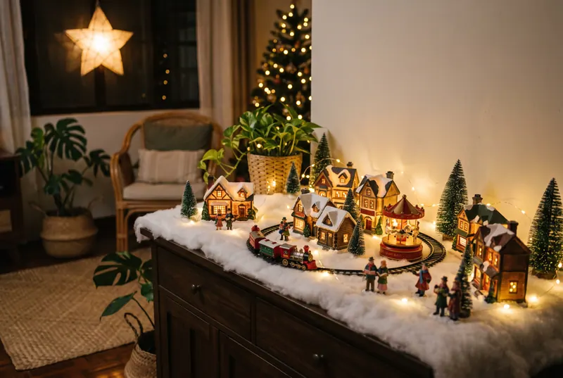 AI sample render of a glowing Christmas village on a wooden console with a toy train circling snowy houses, a rotating carousel and bottle-brush trees