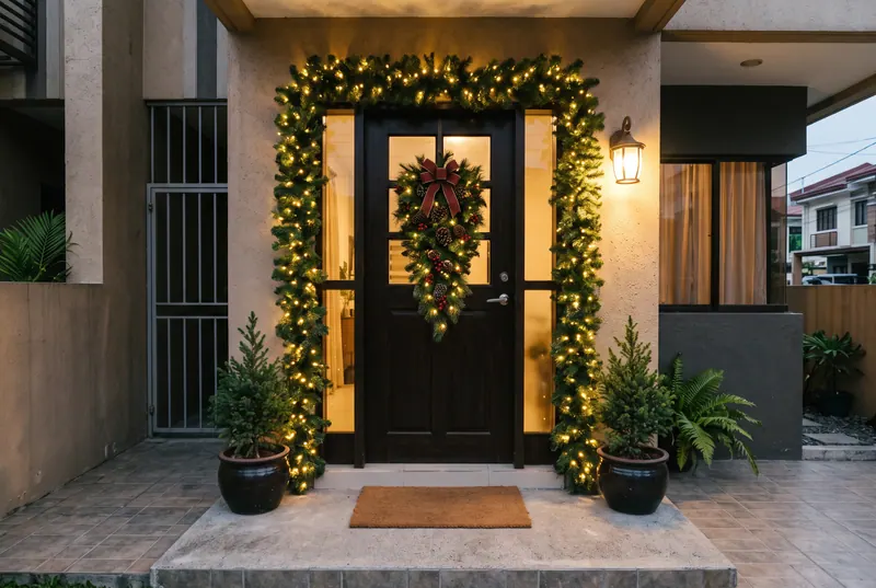 AI sample render of a townhouse front door framed by a thick pine garland with warm lights and a teardrop swag of pinecones and berries, with potted mini pines