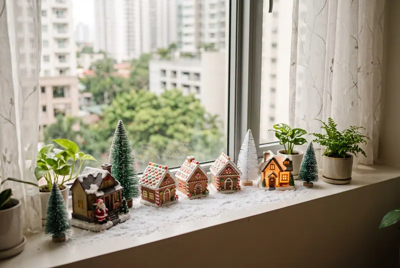 AI sample render of a windowsill with a Santa house, mini gingerbread houses, a glowing cottage, bottle-brush trees and faux snow in daylight