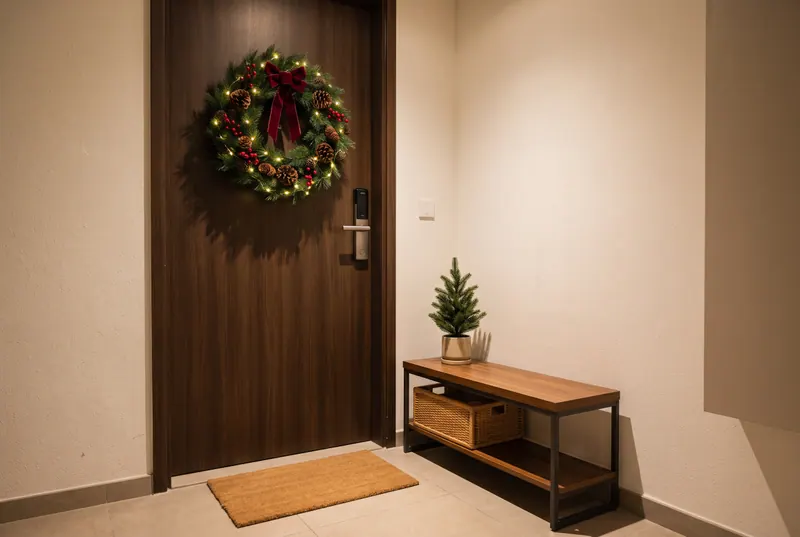 AI sample render of a condo front door with a lush pine wreath with pinecones, red berries and a red bow, above a coir welcome mat and a small shoe bench